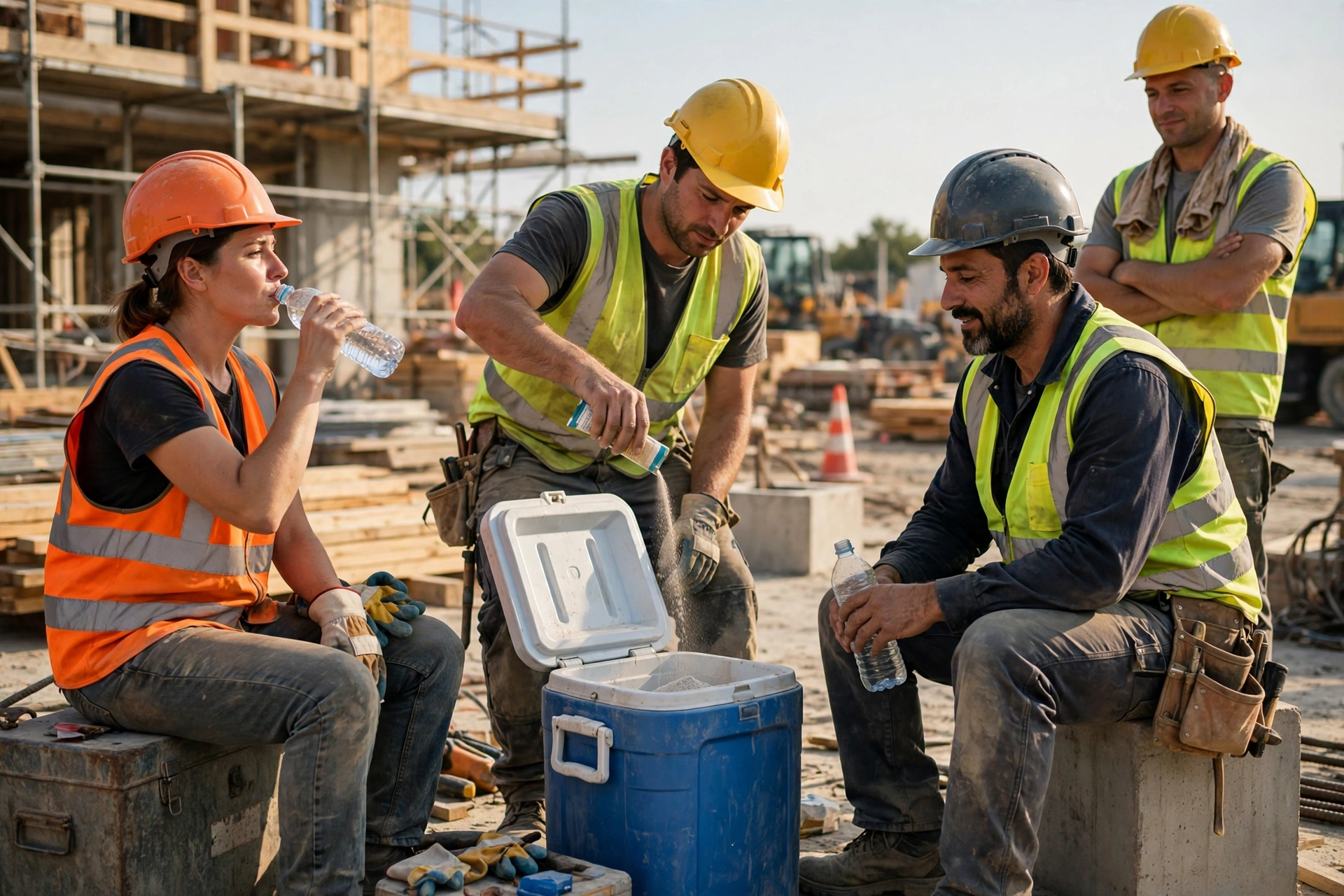 A work crew taking a hydration break on a construction site