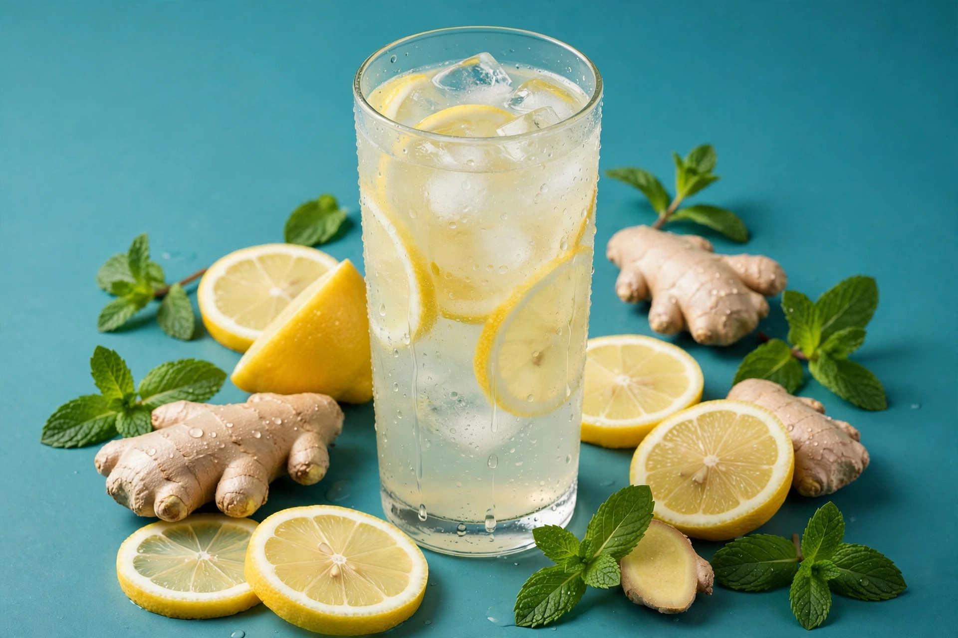 A glass of lemon-ginger electrolyte drink with ice, lemons and ginger