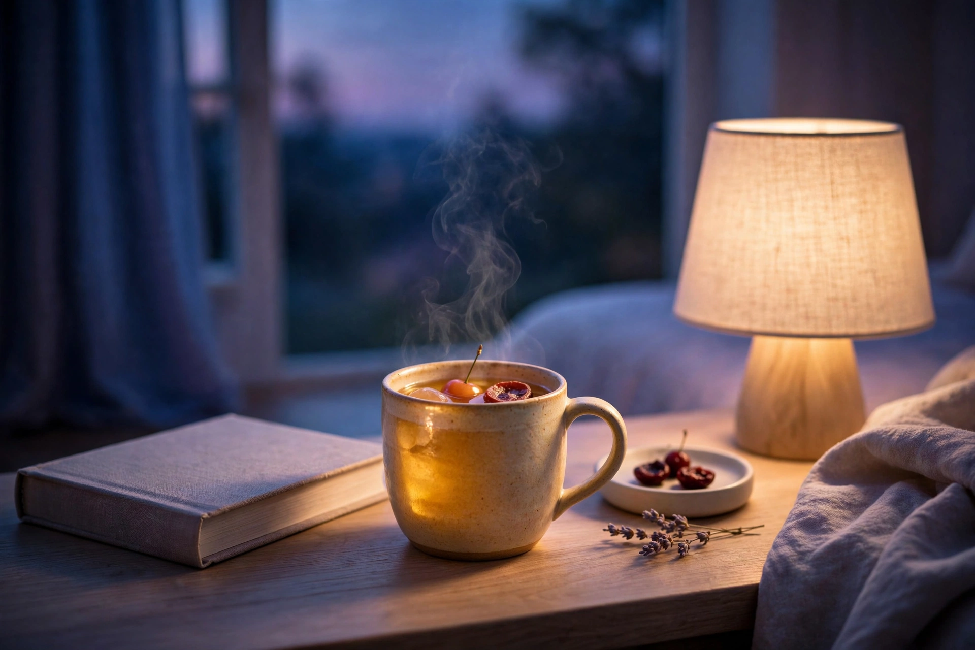 A warm evening drink on a bedside table